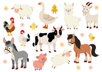 Fototapeta premium Farm animals. Cartoon domestic pets. Adorable cow, pig, horse, sheep, chicken, goose. Set vector illustrations cute birds and animals. 