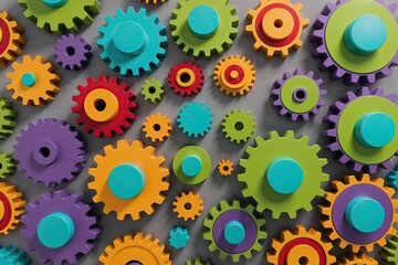 Colorful 3D Animated Cartoon Gears and Cogs in a Whimsical Style
