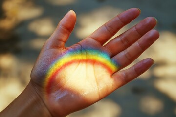 A colorful hand art featuring a rainbow design