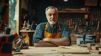 Fototapeta premium elderly man experienced carpenter sitting at work table in carpentry workshop