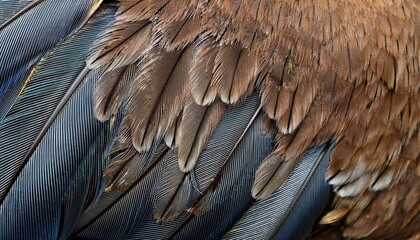 Naklejka premium Close-Up of Vibrant Bird Feathers in Rusty Orange and Metallic Blue Shades, Perfect for Concepts of Nature’s Intricacy, Wildlife, Biomimicry, Texture Design, and Natural Pattern Inspiration