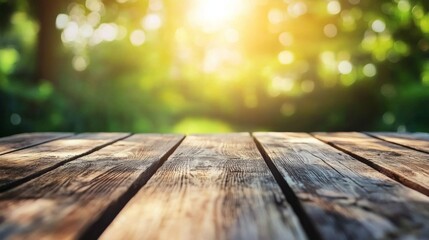 Fototapeta premium Sunlit wooden deck nature scene outdoor photography tranquil environment close-up view serenity and reflection