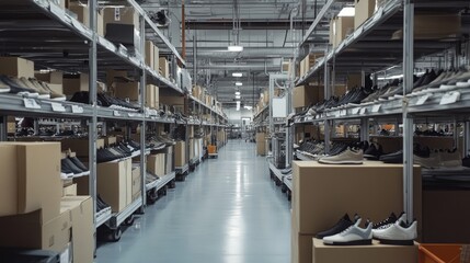 Fototapeta premium Spacious and Organized Shoe Warehouse with Neatly Arranged Shelves and Cardboard Boxes on a Well-Lit Factory Floor for Efficient Storage and Inventory Management