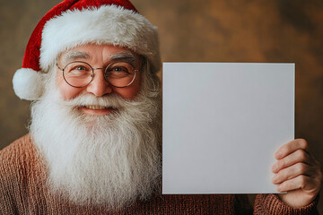 Naklejka premium A joyful elderly man in a classic Santa hat holds a blank sign, perfect for holiday greetings or festive promotions for Christmas and New Year celebrations.