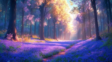 Enchanting Purple Flower Path Through A Misty Forest