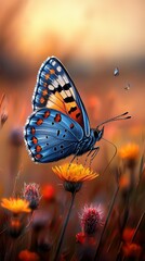 a blue and orange butterfly perched atop a yellow flower surrounded by other flowers and plants The background is slightly blurred, giving the image an animated fe