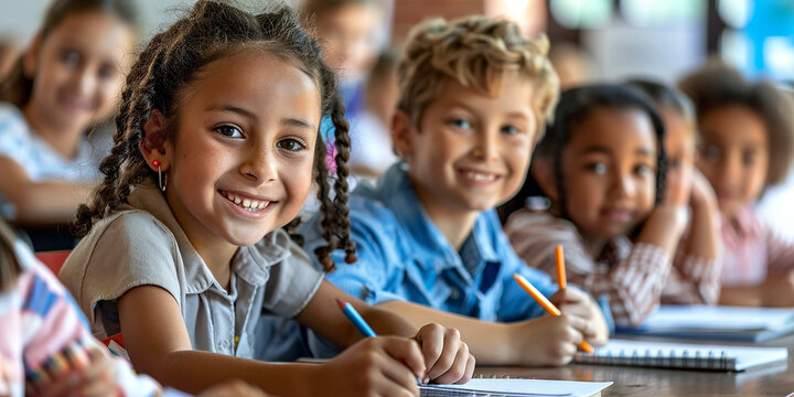 Banner with Group of happy diverse school children sitting in a classroom, writing in notebooks during a lesson. Education, back-to-school, diversity concepts
