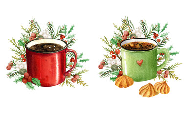 Watercolor winter cup of coffee. Cozy hot drink in Christmas mug for celebration mood. Winter greenery decoration with red berry and spruce branches