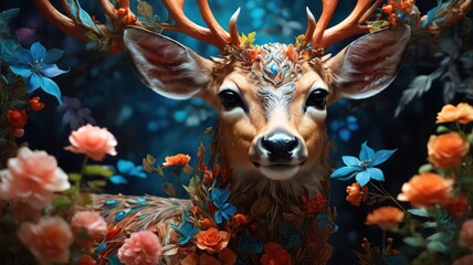 A deer with antlers adorned with flowers and leaves, surrounded by a vibrant blue and orange floral backdrop, looks directly at the viewer.