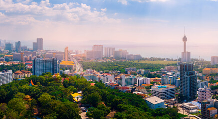 Fototapeta premium Panorama Golden Big Buddha statue Pattaya Thailand, Aerial Top view sunlight