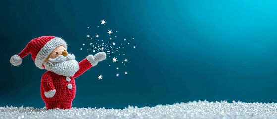 Knitted Santa Christmas joy. A cheerful Santa Claus figure creates sparkling magic in a snowy setting against a blue background, evoking holiday joy and wonder.
