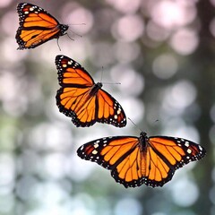 A high-resolution ultrarealistic image featuring three vibrant monarch butterflies in flight. The digital artwork showcases each butterfly with intricate details, displaying vivid orange wings accente