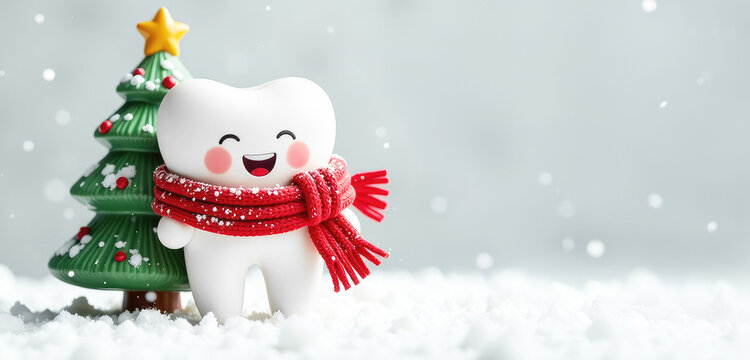 Happy white cartoon teething ceramic toy with red scarf and Christmas tree on snow background with space for text. Falling snow. Seasonal dental promotions