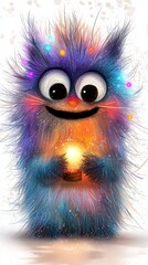 Fototapeta premium a colorful cartoon monster with big eyes and a light bulb in its mouth, set against a white background It is a high-definition wallpaper with a resolution of 1920x