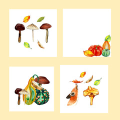 sets of frames patterns and compositions of watercolor illustrations of autumn forest
