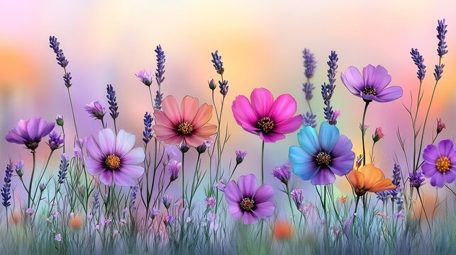  a field of vibrant purple and pink flowers with lavender in the foreground, set against a blurred background The flowers are animated, giving the image a lively an
