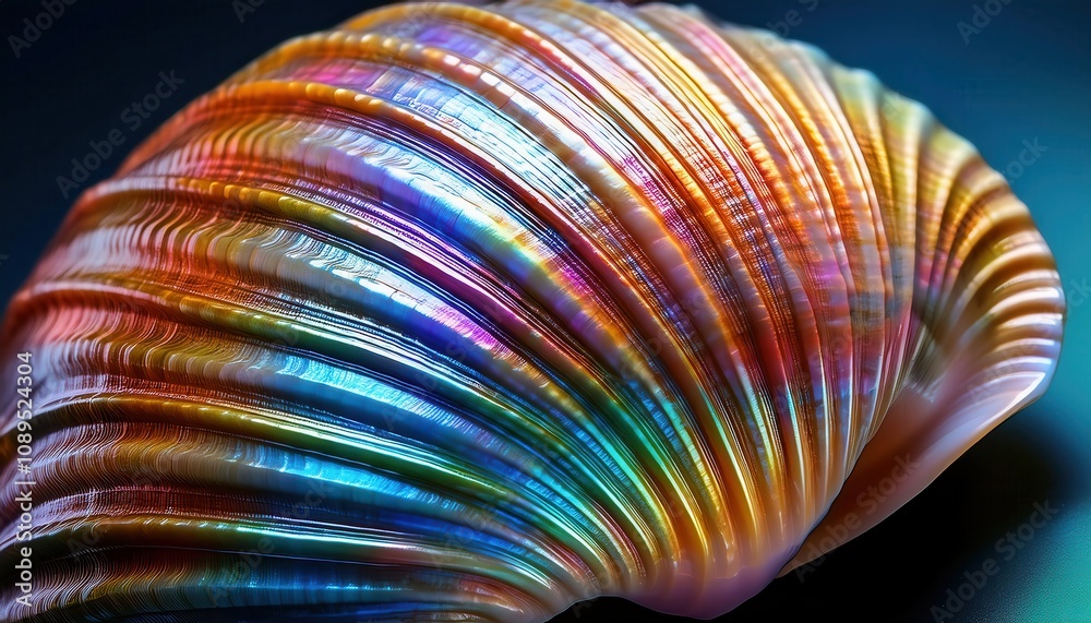 Poster Macro View of Iridescent Seashell Ridges Showcasing Vibrant Light Refraction and Textured Patterns. Study in Natural Design and Color Dynamics for Art and Interior Decor Inspiration