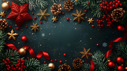 Luxury Christmas Frame with Red and Gold Decorations on Dark Green Background