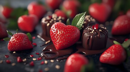 Delicious heart-shaped strawberries and chocolates with a rich, dark backdrop.