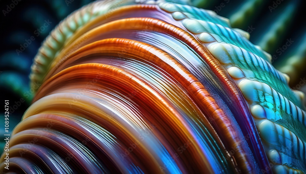 Poster Macro View of Iridescent Seashell Ridges Showcasing Vibrant Light Refraction and Textured Patterns. Study in Natural Design and Color Dynamics for Art and Interior Decor Inspiration