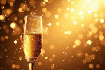 Celebrate in Style with a Sparkling Glass of Champagne against a Golden Bokeh Background, Perfect for New Year's Eve or Special Occasions