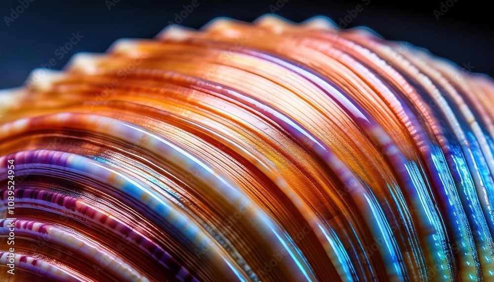 Poster Macro View of Iridescent Seashell Ridges Showcasing Vibrant Light Refraction and Textured Patterns. Study in Natural Design and Color Dynamics for Art and Interior Decor Inspiration