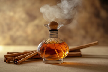 Arabian oud  perfume bottle with fragrance sticks and smoke.