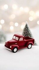 Vintage red toy truck with Christmas tree in a snowy winter wonderland adorned with sparkling bokeh lights
