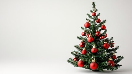 Decorated Christmas tree with red baubles, white background