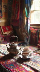 Experience a cozy Azerbaijani tea ceremony in a vibrant space with handmade textiles