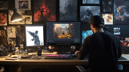Creative designer at work home office digital art studio vibrant environment focused viewpoint conceptual art process
