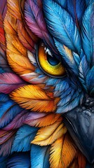Obraz premium a close up of a colorful parrot's eye, with its feathers in shades of blue, orange, yellow and red The eye is the focal point of the image, surrounded by the vibrant colors of the feathers