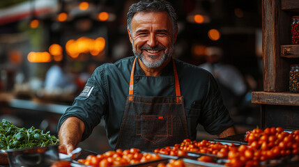 Obraz premium Chef smiling while preparing fresh tomatoes at a vibrant market in the early evening. Generative AI