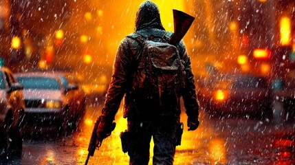  a man walking in the rain with a gun in his hand, wearing a bag and surrounded by vehicles on the road The background is blurred, giving the image an animated feel