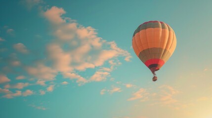 Naklejka premium A colorful hot air balloon soars above white clouds in a blue sky, creating a serene and cheerful scene. The warm hues contrast with the cool tones, evoking a sense of vastness and tranquility.