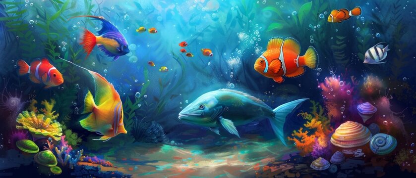 Vibrant underwater scene featuring ocean sunfish surrounded by colorful marine life. Detailed with bright blue background, plants, corals, and shells, conveying serenity and beauty beneath the ocean.