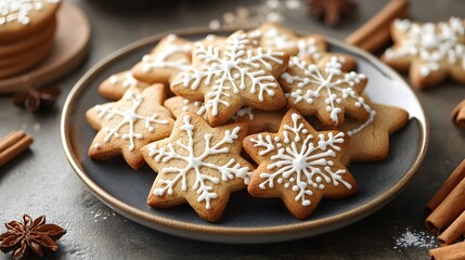 Fototapeta premium Delicious snowflake-shaped cookies displayed on a blue plate.