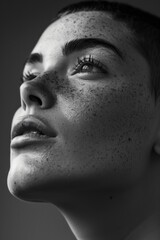 A close-up portrait of a woman with distinctive freckles, photographed in black and white