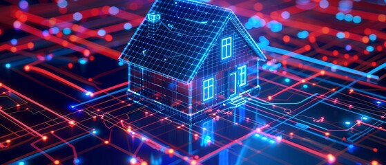 A digitally created scene with a luminous blue-red house on a circuit board backdrop, accented by bright lights and intricate patterns, creating a dynamic, futuristic aesthetic.