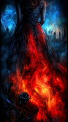 Fototapeta premium a woman in a red dress with a rose in her hand, standing in front of a dark background The dress is adorned with intricate details and the rose is a vibrant red, a