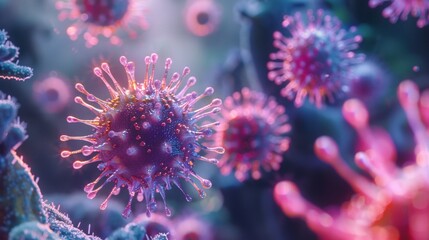 Illustration showing red COVID-19 particles with surface projections. Background shifts from dark to light colors. No readable texts present.