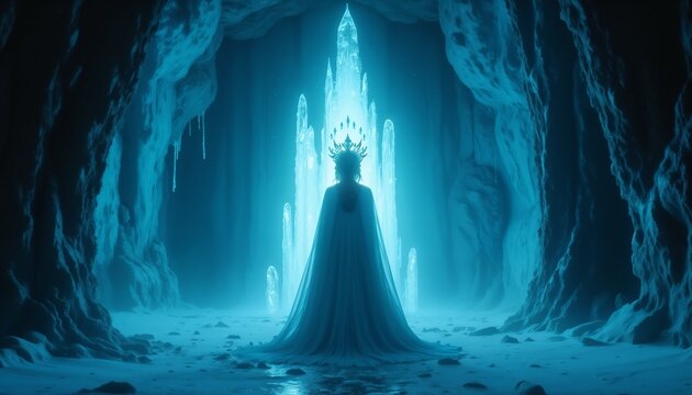 Ice queen standing before a glowing icy throne
