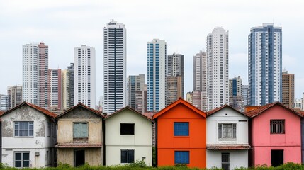 Fototapeta premium A striking contrast between modern skyscrapers and colorful traditional houses, showcasing urban development and heritage.
