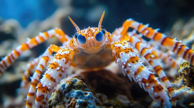A close-up shot of a crabfish sitting on a rock, with a clear background