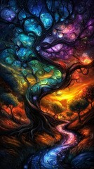  a vibrant tree of life with a river running through it, surrounded by lush green grass and a bright blue sky The tree is adorned with a variety of colors, includin