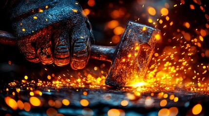  a person's hand gripping a hammer, with sparks flying from the hammer as it is being used to cut a piece of metal The background is blurred, suggesting the focus is on the person and the hammer