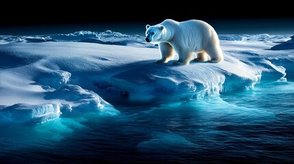 Fototapeta premium a polar bear standing atop an iceberg in the arctic, surrounded by snow and water The background is dark, creating a stark contrast between the white of the polar