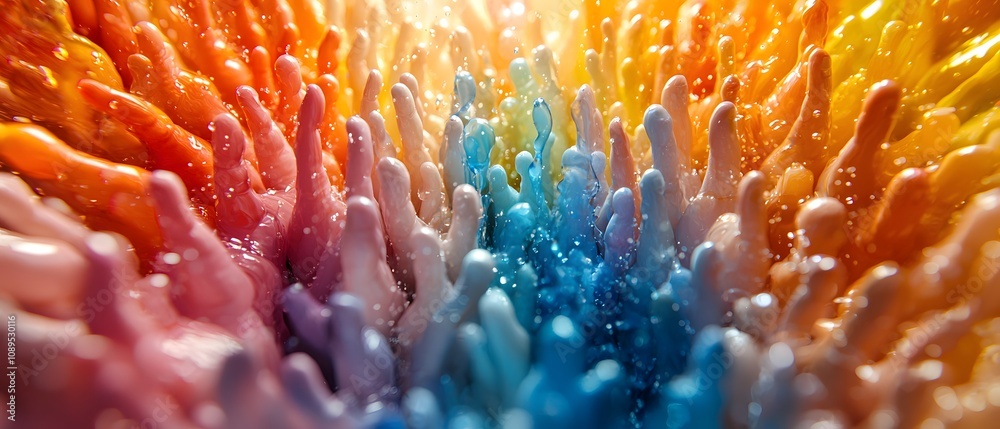 Poster Vibrant Abstract Swirls of Colorful Liquid Forms Creating a Dynamic Visual Experience of Fluid Motion and Light Reflections in Vivid Tones and Textures
