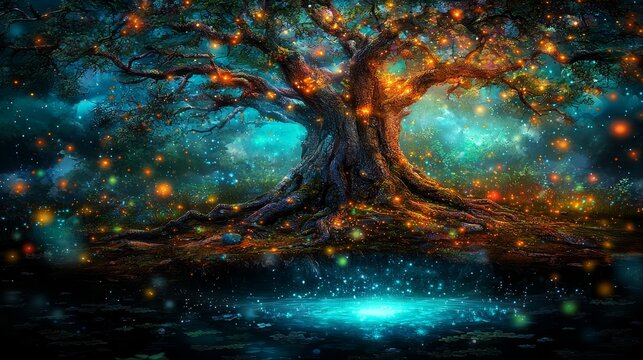  a magical tree in the middle of a body of water, surrounded by lush green leaves and illuminated by a multitude of lights The tree stands tall and proud, its branc
