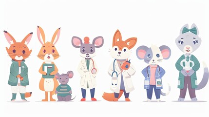 Naklejka premium Set of cute animals doctors. Funny anthropomorphic pediatric medics. Health care cartoon characters. 
